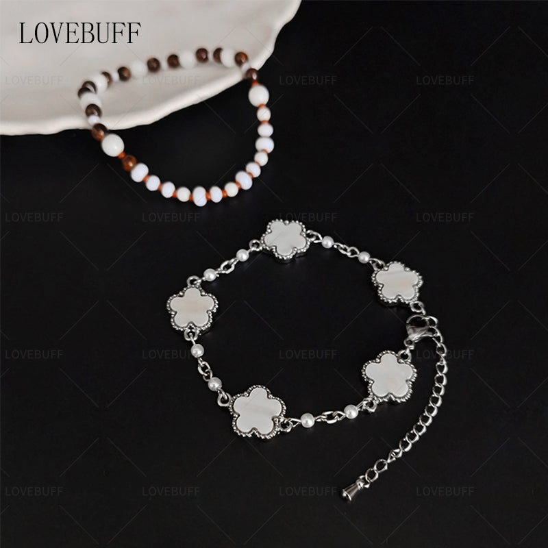 LOVEBUFF LAD Spring and Flowers Caleb Floating Floraletter MC's Four-leaf Clover Beaded Bracelet 2pc Set