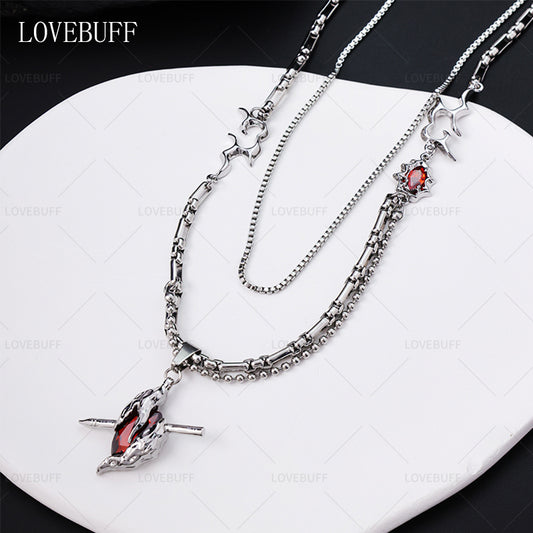 LOVEBUFF LAD Sylus: Dark Feather Through The Heart Pendant Layered Necklace