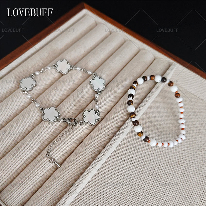 LOVEBUFF LAD Spring and Flowers Caleb Floating Floraletter MC's Four-leaf Clover Beaded Bracelet 2pc Set