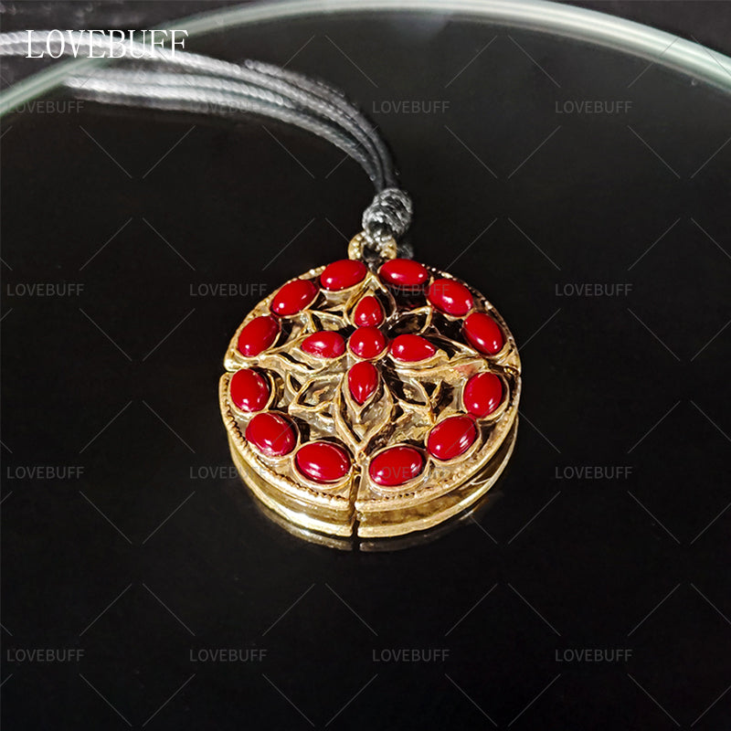 LOVEBUFF Crimson Amber Medallion +3 Inspired Round Plate Pendant Necklace
