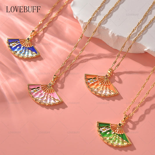 LOVEBUFF Folding Fan Pendant Gold Plated Copper Necklace