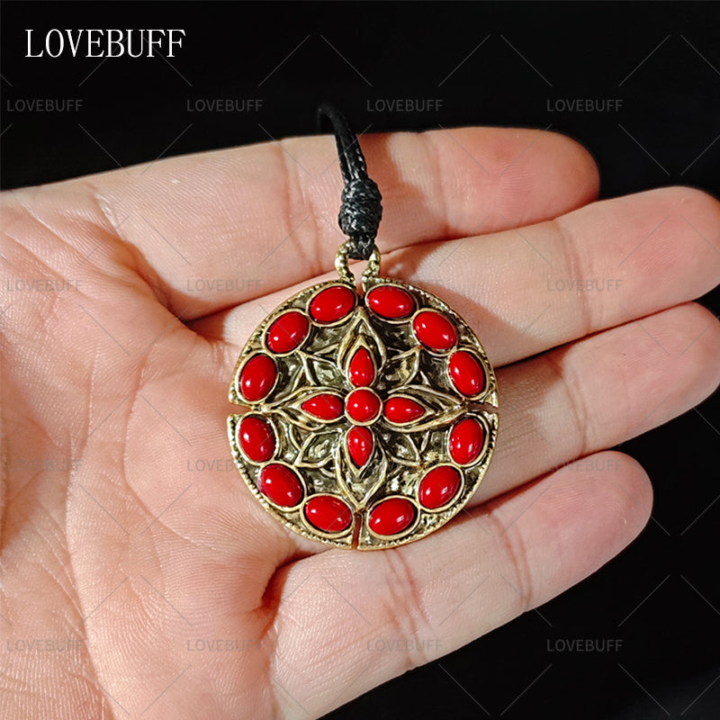 LOVEBUFF Crimson Amber Medallion +3 Inspired Round Plate Pendant Necklace