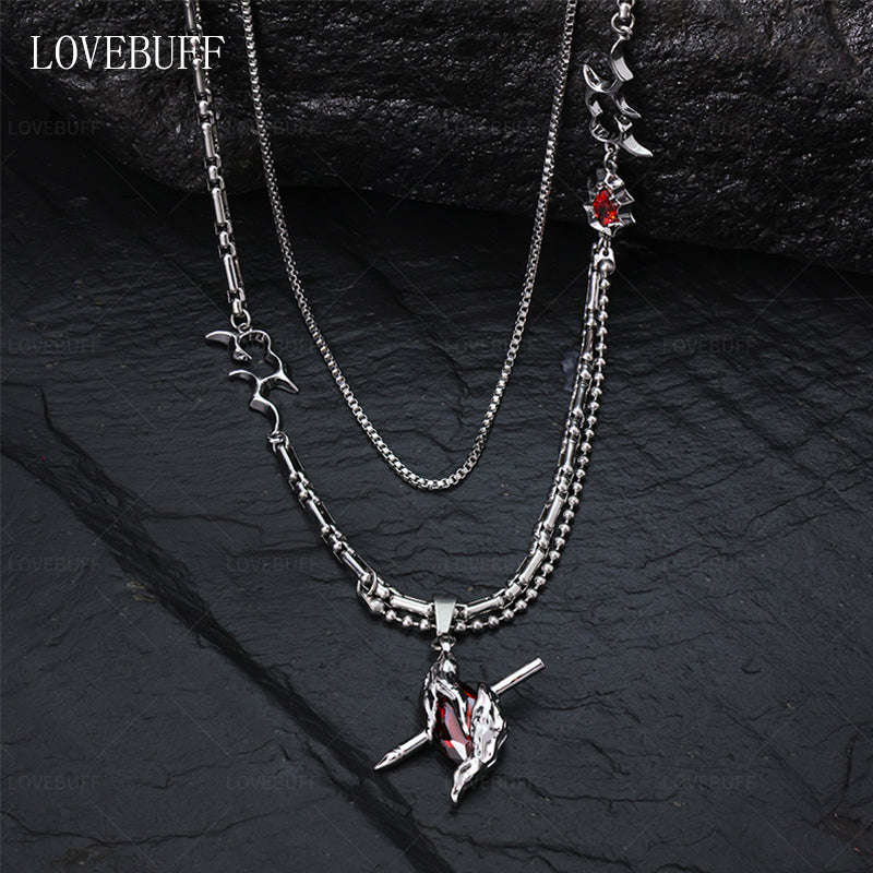 LOVEBUFF LAD Sylus: Dark Feather Through The Heart Pendant Layered Necklace