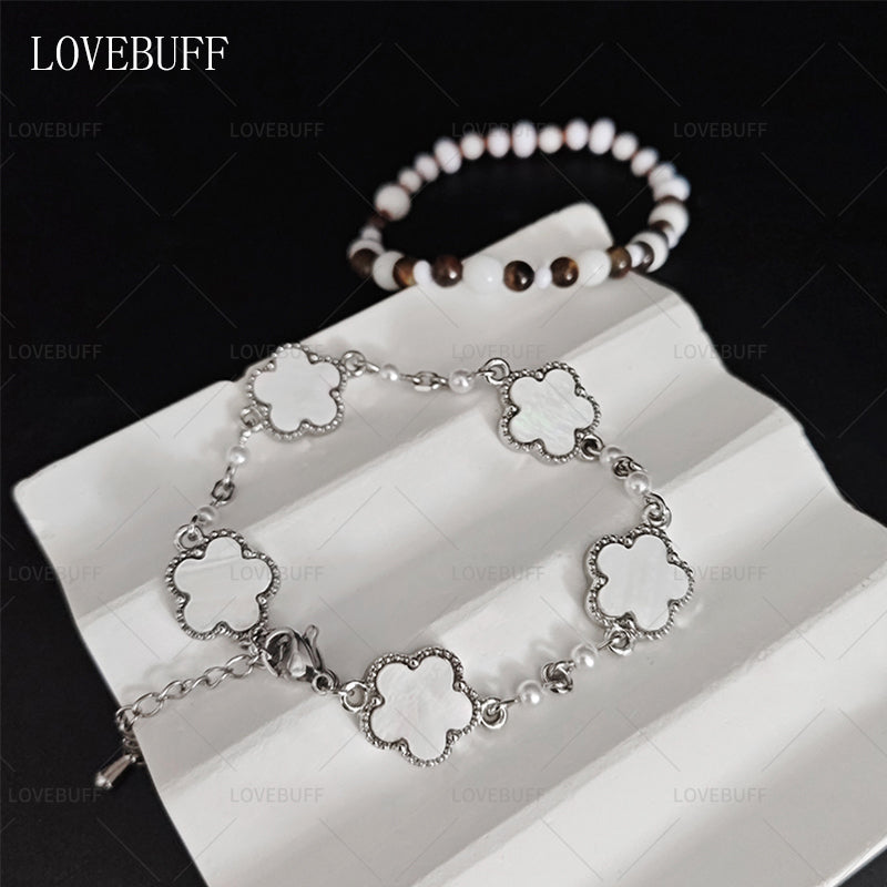 LOVEBUFF LAD Spring and Flowers Caleb Floating Floraletter MC's Four-leaf Clover Beaded Bracelet 2pc Set