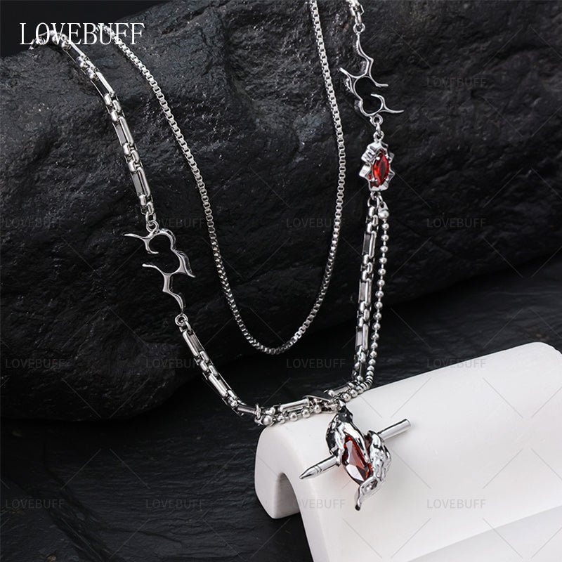 LOVEBUFF LAD Sylus: Dark Feather Through The Heart Pendant Layered Necklace