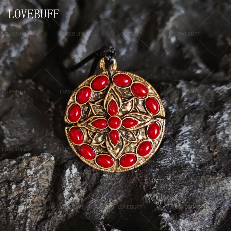 LOVEBUFF Crimson Amber Medallion +3 Inspired Round Plate Pendant Necklace