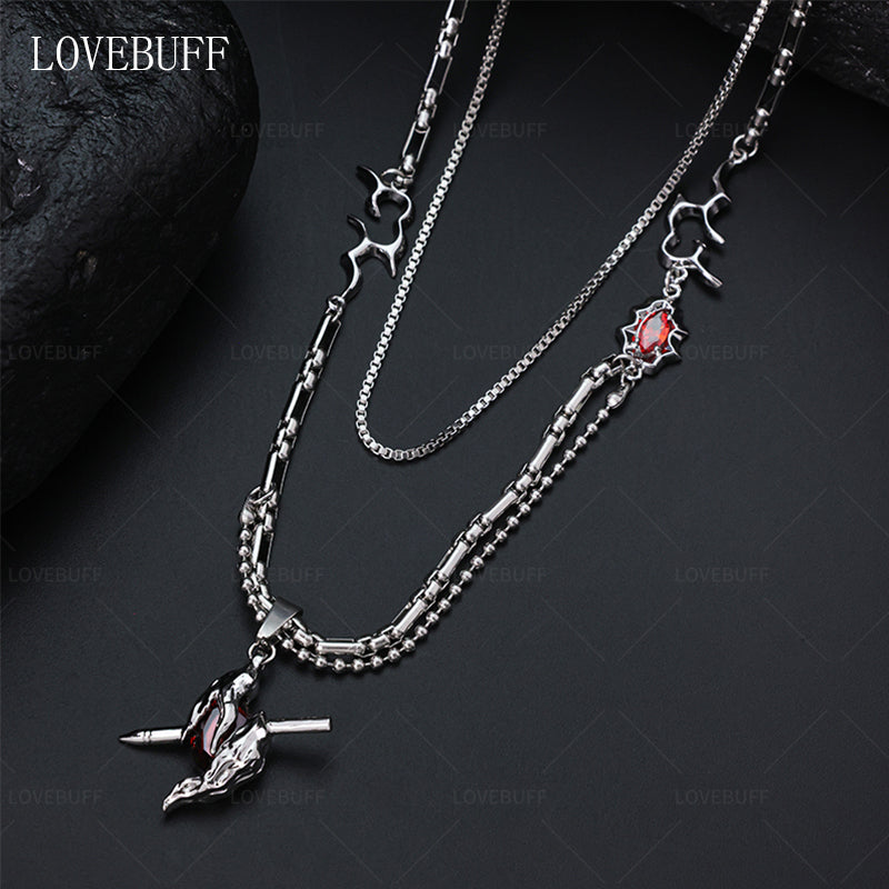 LOVEBUFF LAD Sylus: Dark Feather Through The Heart Pendant Layered Necklace