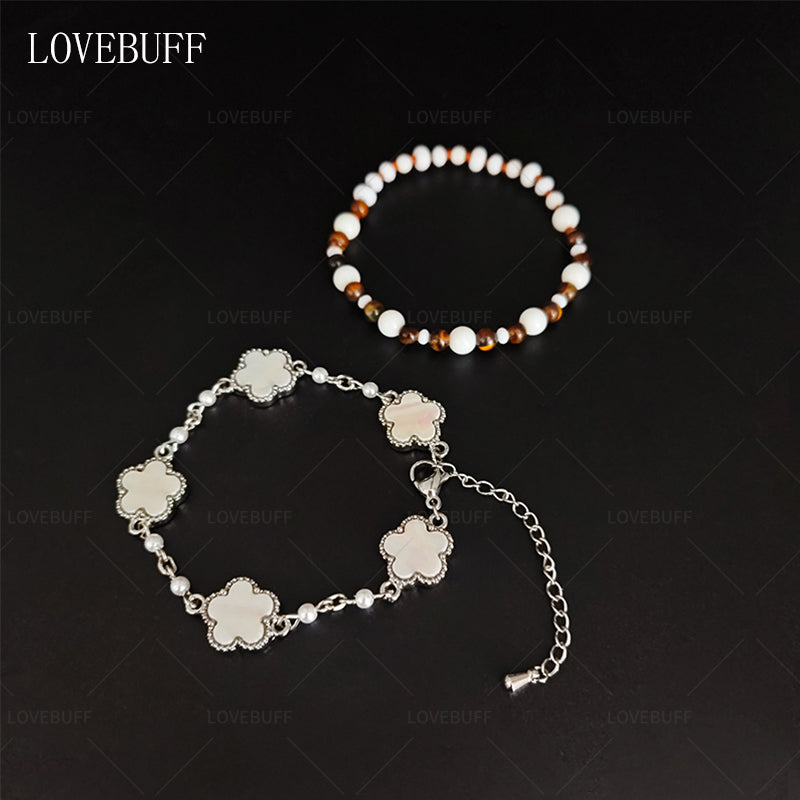 LOVEBUFF LAD Spring and Flowers Caleb Floating Floraletter MC's Four-leaf Clover Beaded Bracelet 2pc Set