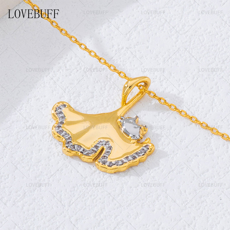 LOVEBUFF Cat Ginkgo Biloba Leaf Pendant Necklace