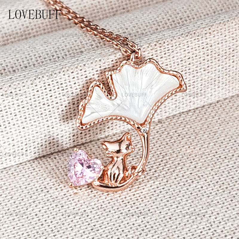 LOVEBUFF Rose Gold Plated Copper Cat Mother of Pearl Ginkgo Biloba Leaf Necklace
