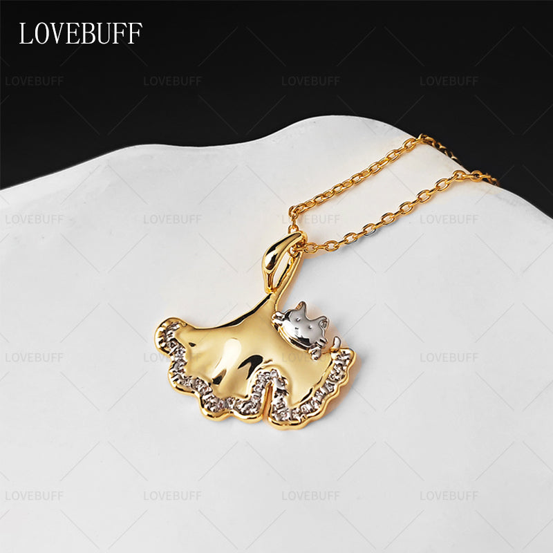 LOVEBUFF Cat Ginkgo Biloba Leaf Pendant Necklace