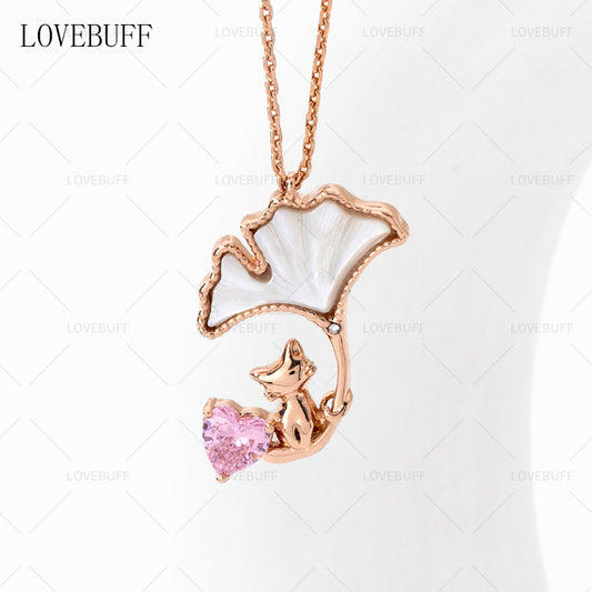 LOVEBUFF Rose Gold Plated Copper Cat Mother of Pearl Ginkgo Biloba Leaf Necklace