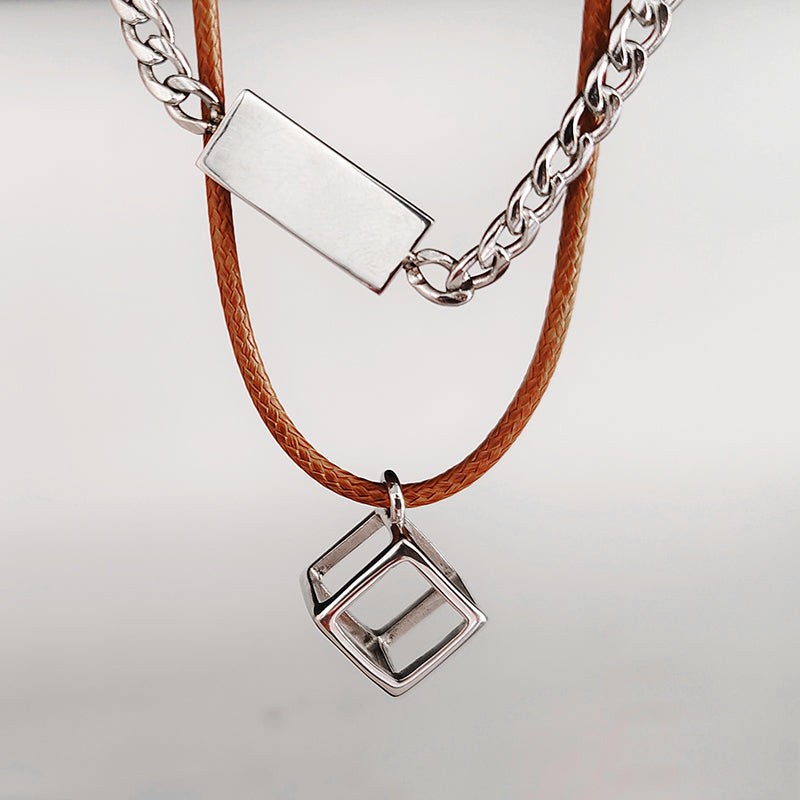 LOVEBUFF Stainless Steel Tag Cube Pedant Layered Necklace