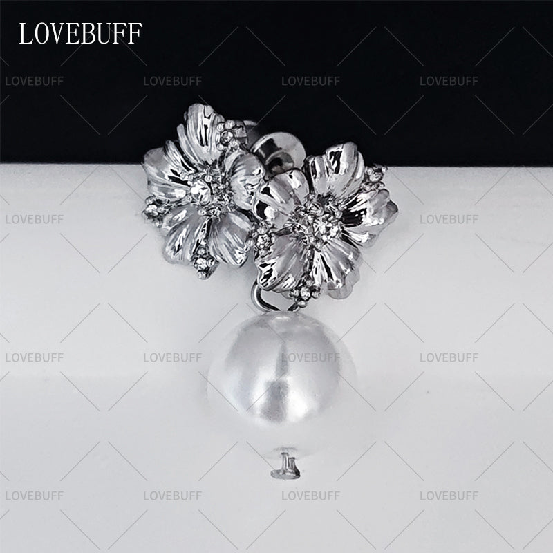 LOVEBUFF LAD Xavier MC's Wedding Silver Sparkle Flower Stud Pearl Drop Earrings