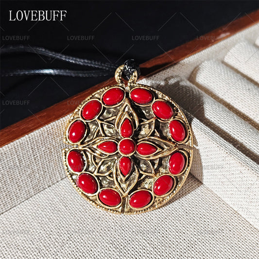 LOVEBUFF Red Amber Round Plate Pendant Necklace