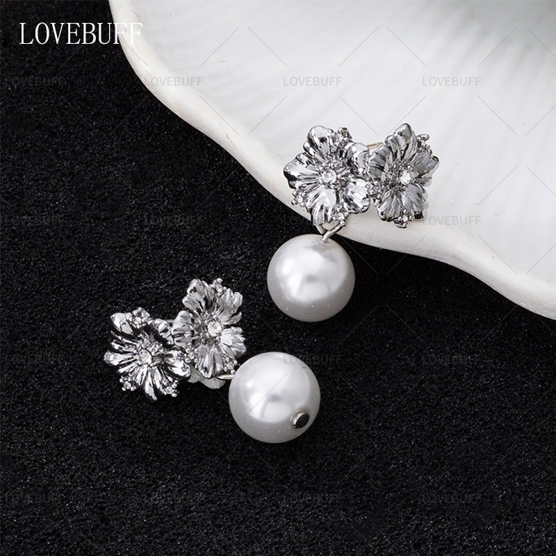 LOVEBUFF Love And Deepspace Xavier MC's Wedding Silver Sparkle Flower Stud Pearl Drop Earrings