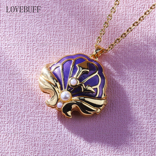 LOVEBUFF Genshin Impact Artifact Ocean-Hued Clam Cowry of Parting Style Shell Locket Pendant Necklace