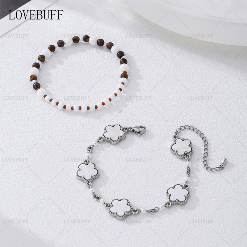 LOVEBUFF LAD Spring and Flowers Caleb Floating Floraletter MC's Four-leaf Clover Beaded Bracelet 2pc Set
