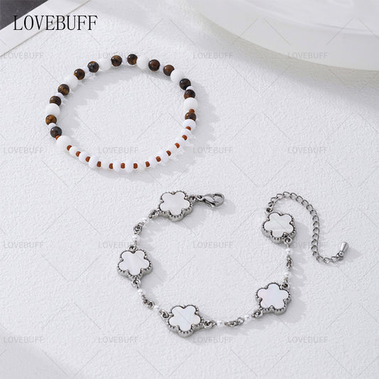 LOVEBUFF LAD Spring and Flowers Caleb Floating Floraletter MC's Four-leaf Clover Beaded Bracelet 2pc Set