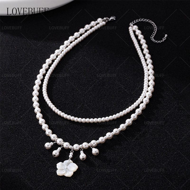 LOVEBUFF LAD Xavier MC's Wedding Seashell Flower Pendant Layered Pearl Necklace