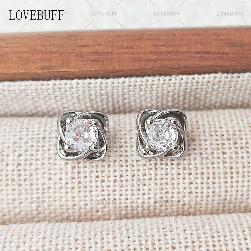 LOVEBUFF Platinum Plated Copper Four-Petal Flower Zircon Stud Earrings