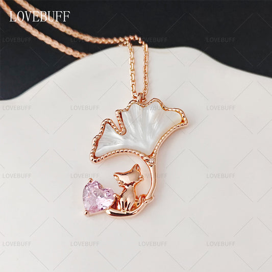 LOVEBUFF Rose Gold Plated Copper Cat Mother of Pearl Ginkgo Biloba Leaf Necklace