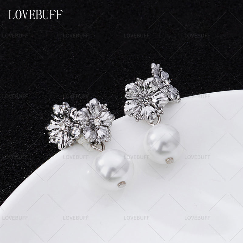 LOVEBUFF Love And Deepspace Xavier MC's Wedding Silver Sparkle Flower Stud Pearl Drop Earrings