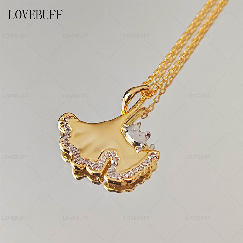 LOVEBUFF Cat Ginkgo Biloba Leaf Pendant Necklace