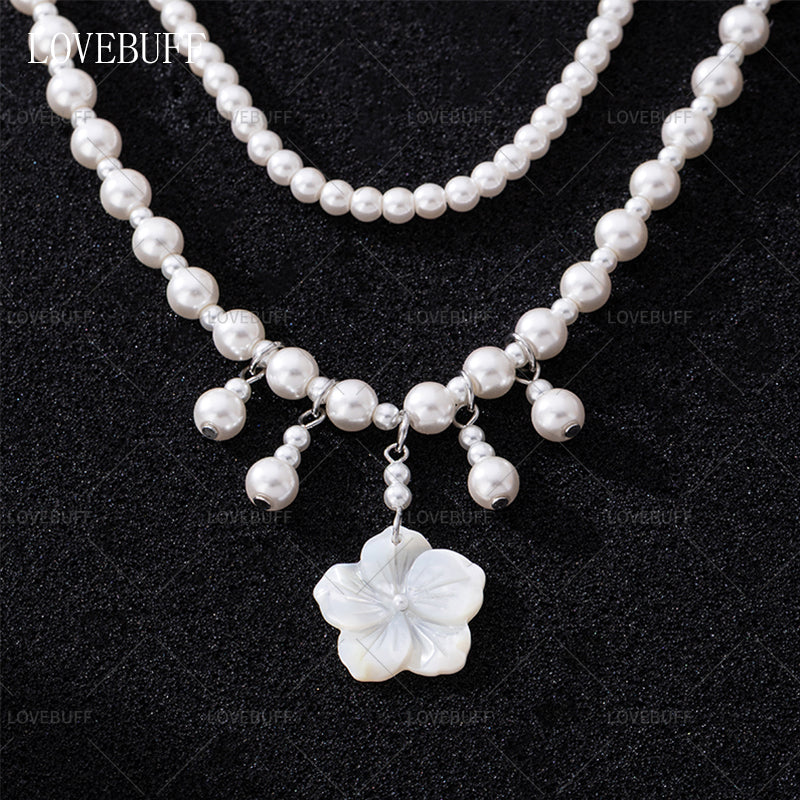 LOVEBUFF LAD Xavier MC's Wedding Seashell Flower Pendant Layered Pearl Necklace