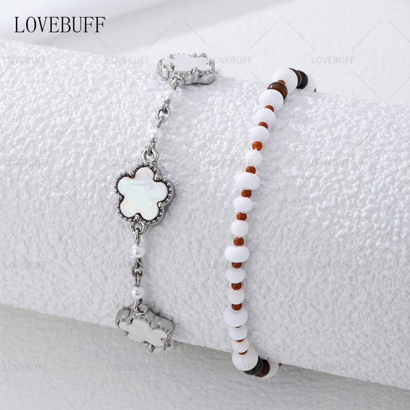 LOVEBUFF LAD Spring and Flowers Caleb Floating Floraletter MC's Four-leaf Clover Beaded Bracelet 2pc Set