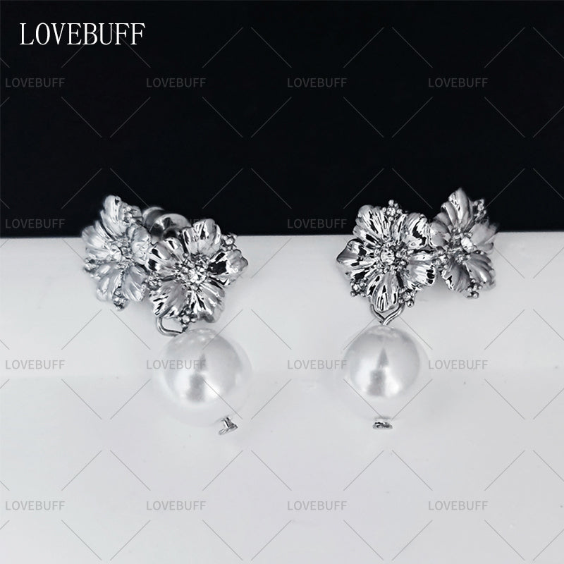 LOVEBUFF LAD Xavier MC's Wedding Silver Sparkle Flower Stud Pearl Drop Earrings