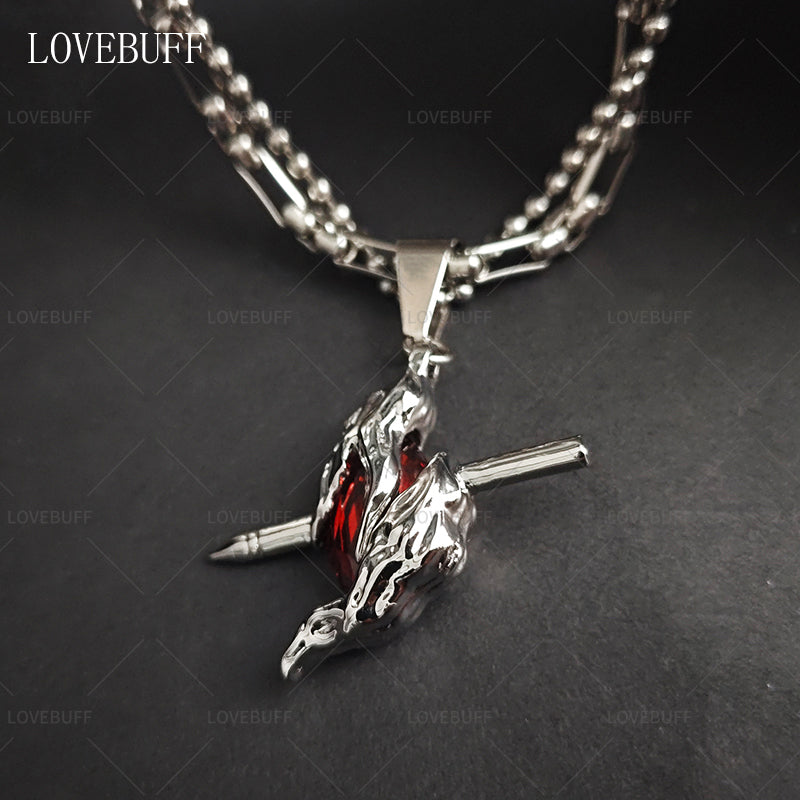 LOVEBUFF LAD Sylus: Dark Feather Through The Heart Pendant Layered Necklace Cosplay Accessory