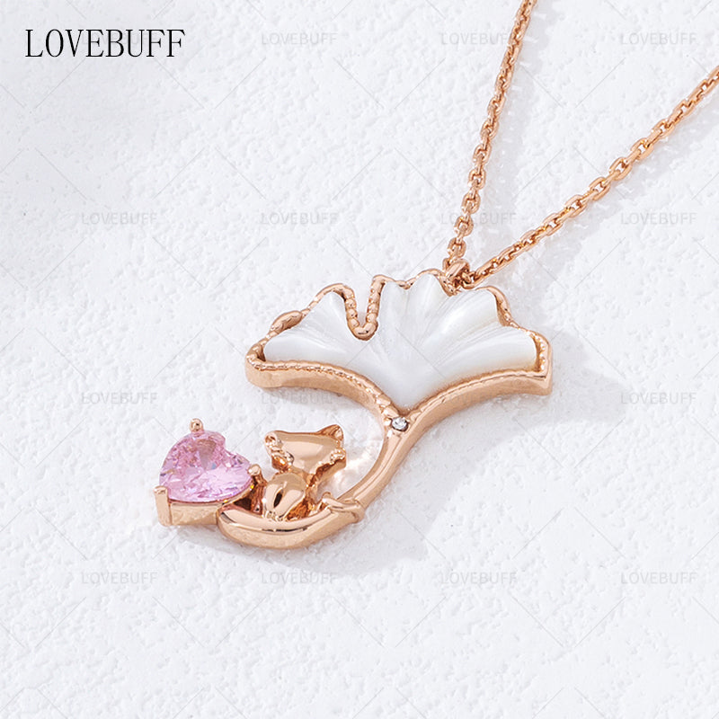 LOVEBUFF Rose Gold Plated Copper Cat Mother of Pearl Ginkgo Biloba Leaf Necklace