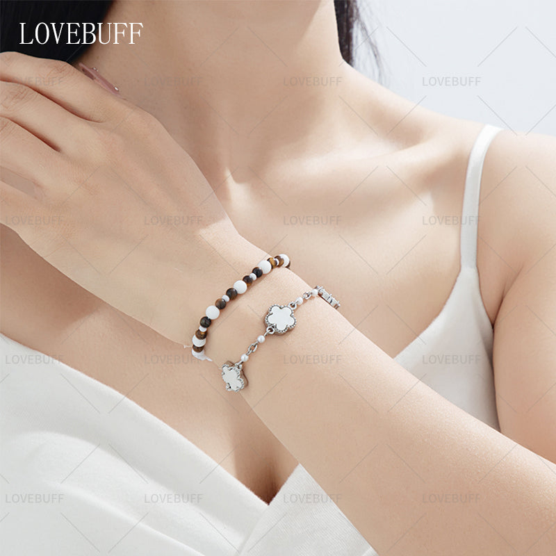 LOVEBUFF LAD Spring and Flowers Caleb Floating Floraletter MC's Four-leaf Clover Beaded Bracelet 2pc Set