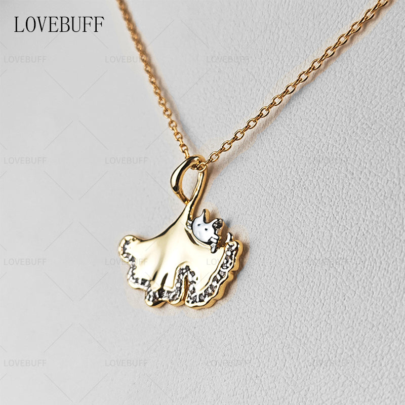 LOVEBUFF Cat Ginkgo Biloba Leaf Pendant Necklace