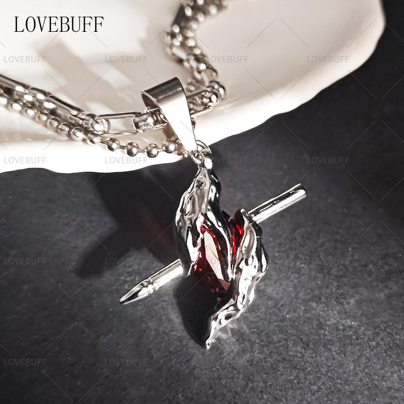 LOVEBUFF LAD Sylus: Dark Feather Through The Heart Pendant Layered Necklace Cosplay Accessory