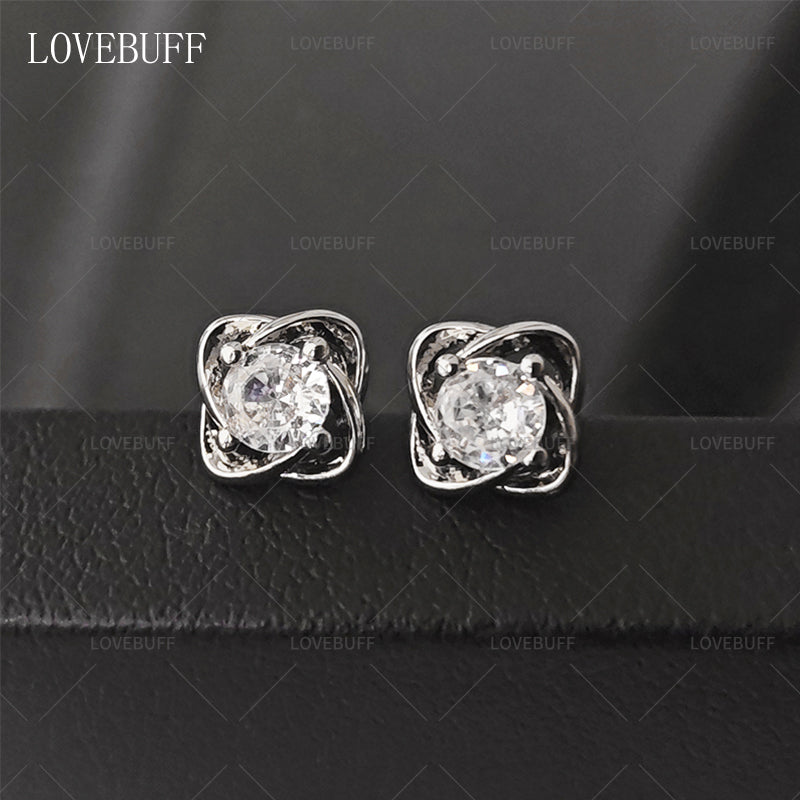 LOVEBUFF Platinum Plated Copper Four-Petal Flower Zircon Stud Earrings