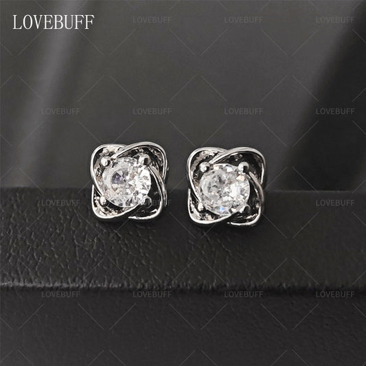 LOVEBUFF Platinum Plated Copper Four-Petal Flower Zircon Stud Earrings