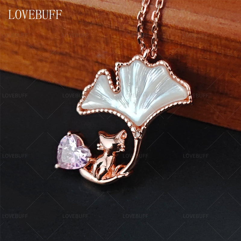 LOVEBUFF Rose Gold Plated Copper Cat Mother of Pearl Ginkgo Biloba Leaf Necklace