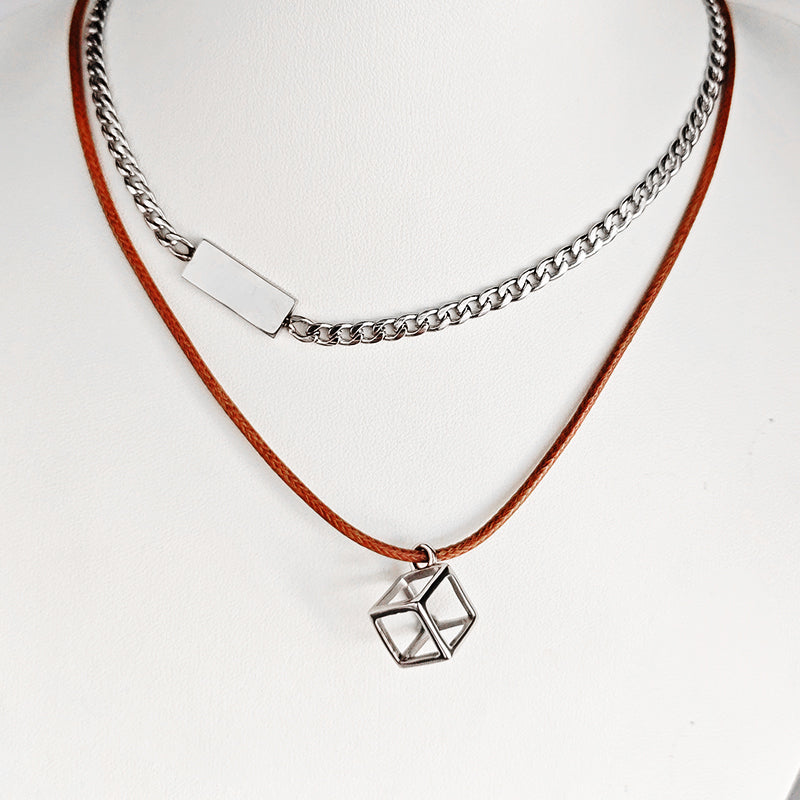 LOVEBUFF Stainless Steel Tag Cube Pedant Layered Necklace