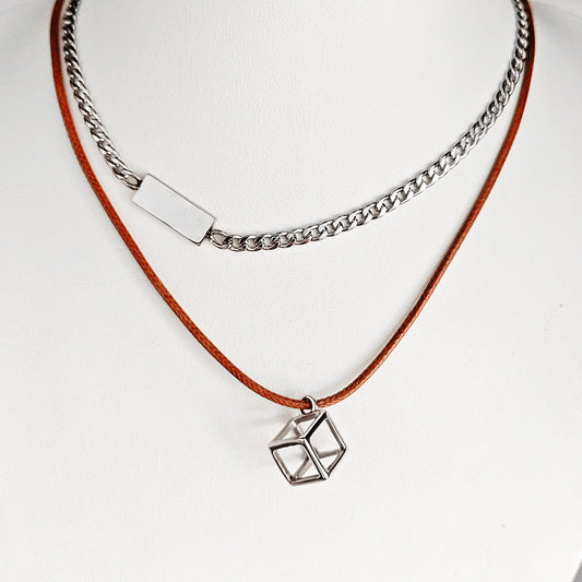 LOVEBUFF Stainless Steel Tag Cube Pedant Layered Necklace