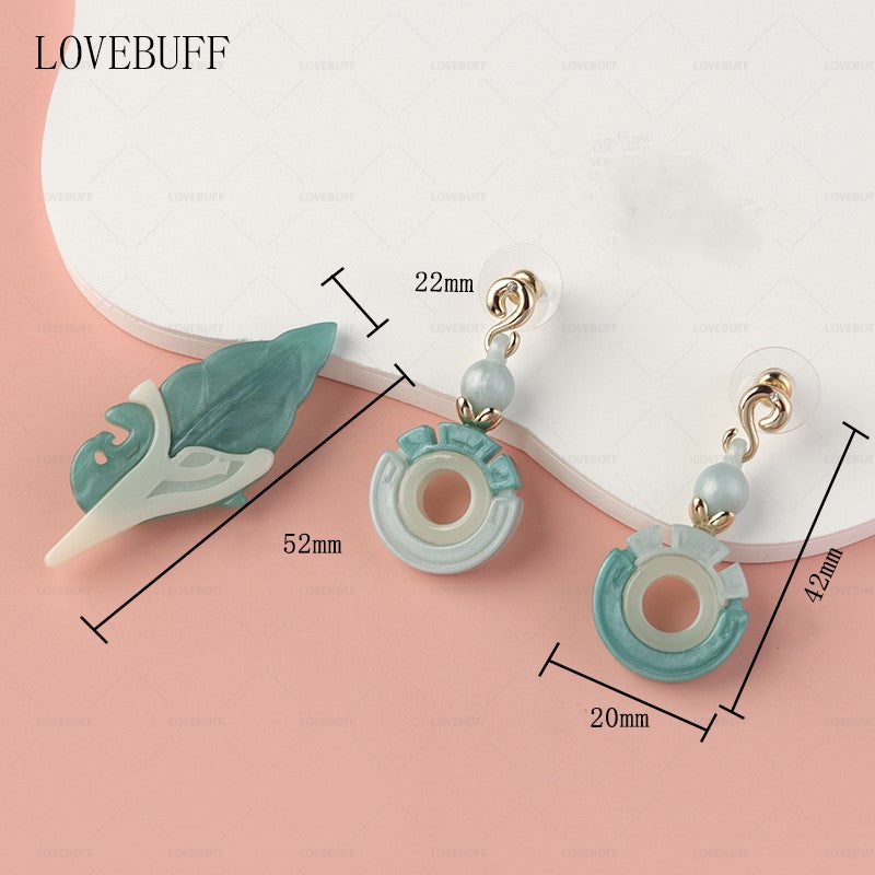 LOVEBUFF Genshin Impact Echoes of an Offering Artifact Inspired Flowing Rings Earrings Jade Leaf Brooch