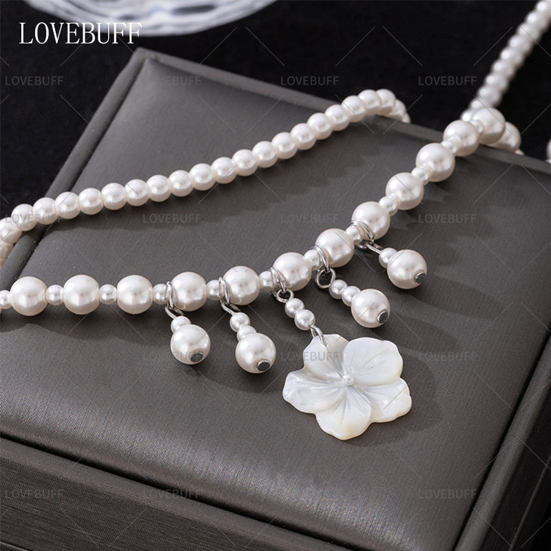 LOVEBUFF LAD Xavier MC's Wedding Seashell Flower Pendant Layered Pearl Necklace