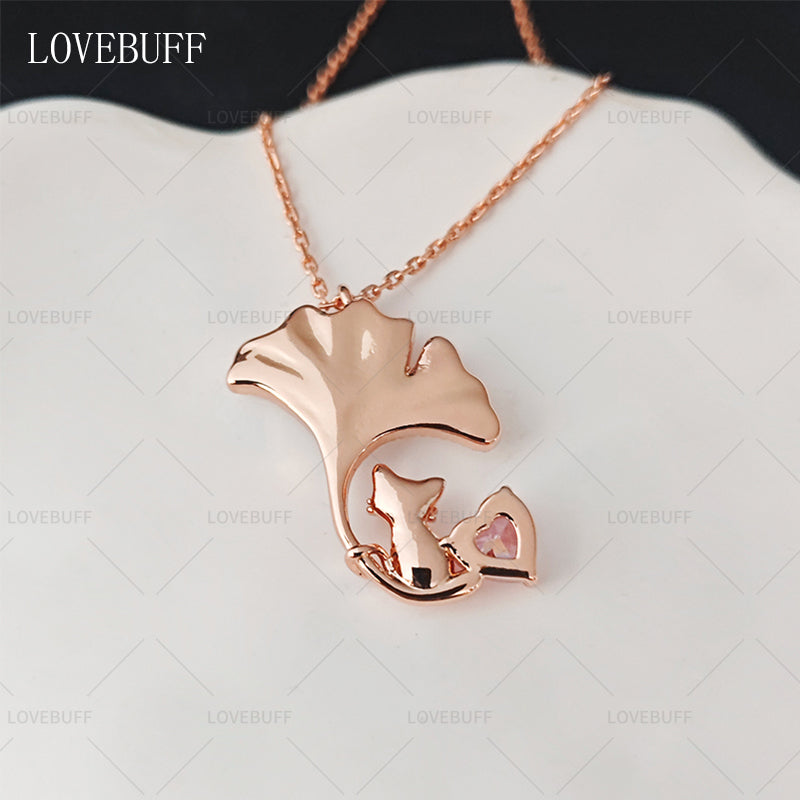 LOVEBUFF Rose Gold Plated Copper Cat Mother of Pearl Ginkgo Biloba Leaf Necklace