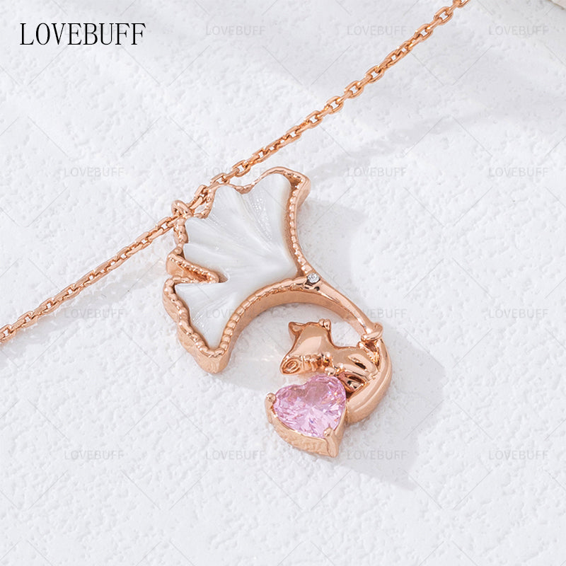 LOVEBUFF Rose Gold Plated Copper Cat Mother of Pearl Ginkgo Biloba Leaf Necklace