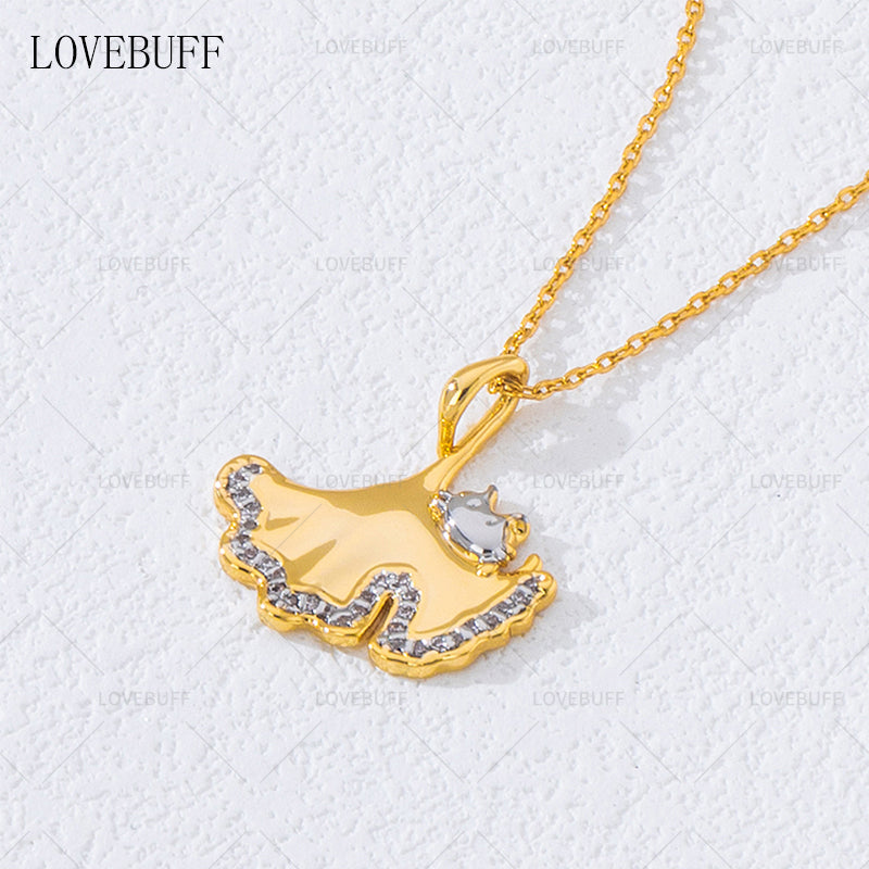 LOVEBUFF Cat Ginkgo Biloba Leaf Pendant Necklace