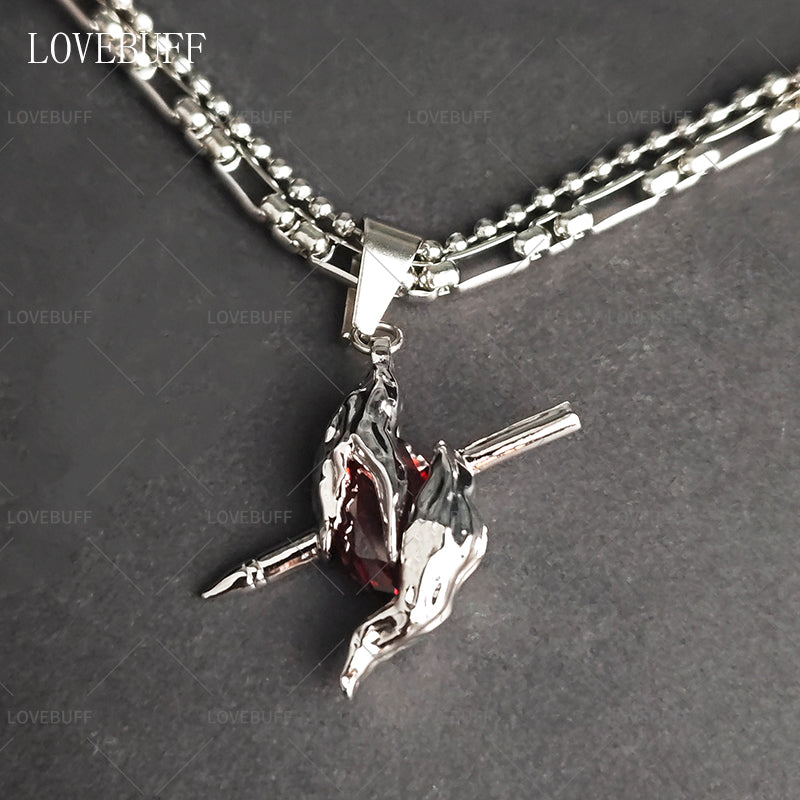 LOVEBUFF LAD Sylus: Dark Feather Through The Heart Pendant Layered Necklace Cosplay Accessory