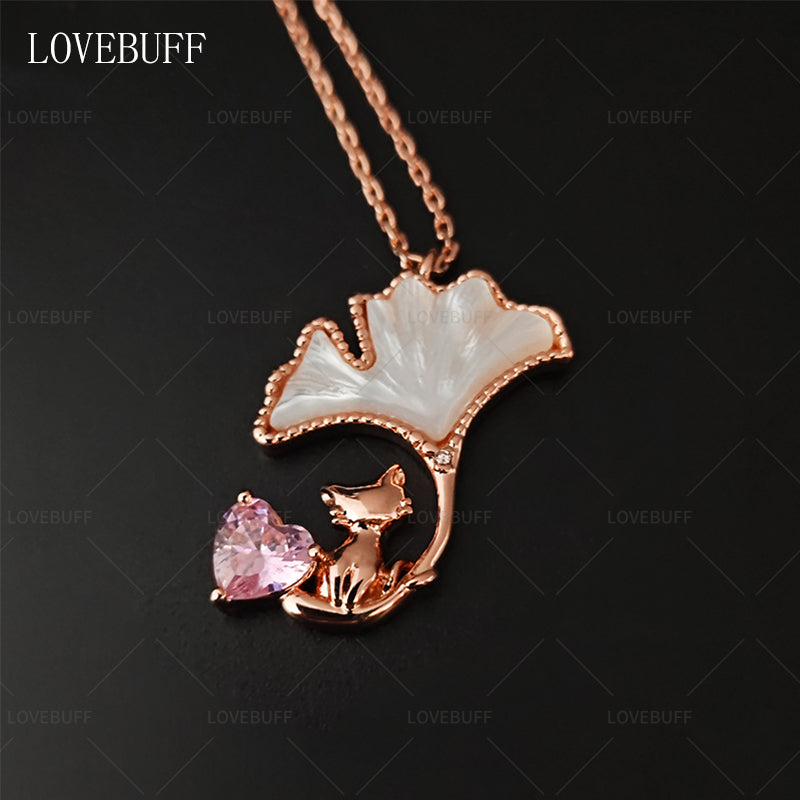 LOVEBUFF Rose Gold Plated Copper Cat Mother of Pearl Ginkgo Biloba Leaf Necklace