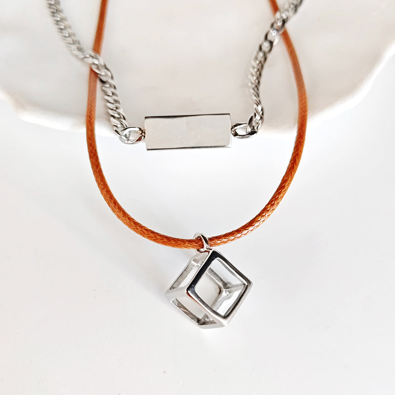 LOVEBUFF Stainless Steel Tag Cube Pedant Layered Necklace