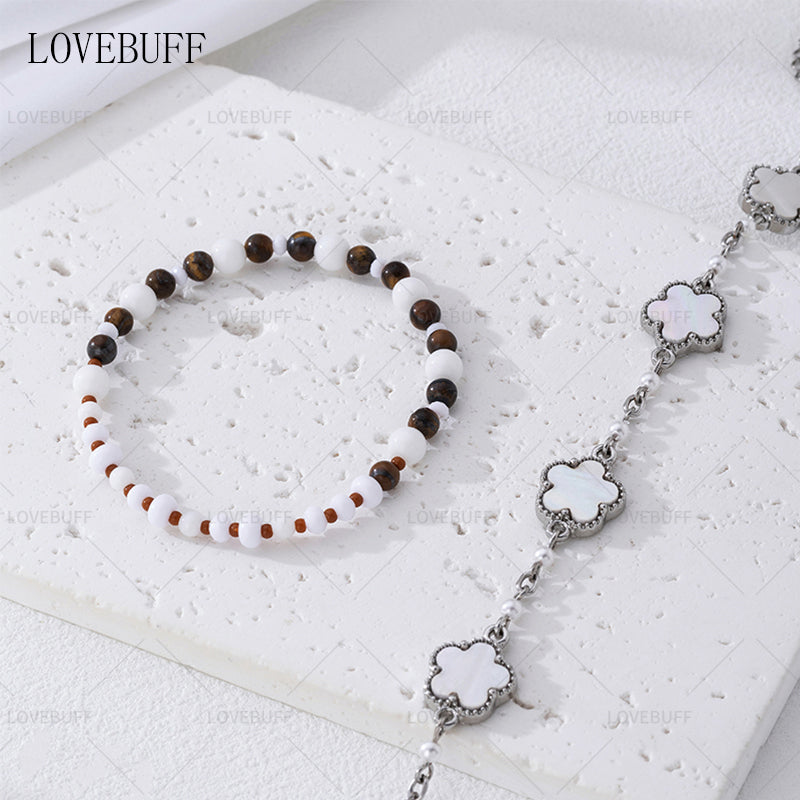 LOVEBUFF LAD Spring and Flowers Caleb Floating Floraletter MC's Four-leaf Clover Beaded Bracelet 2pc Set